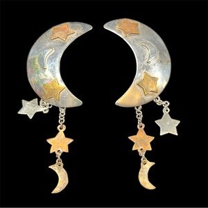 Vintage Crescent Moon 925 Silver Large Post Earrings with Dangling Stars